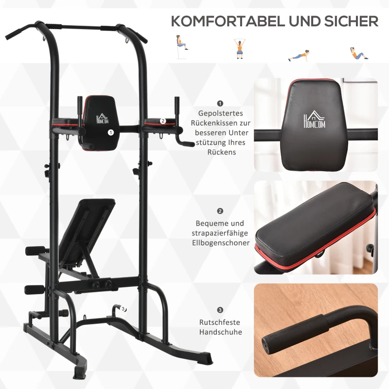 HOMCOM Kraftstation mit Klimmzugstange multifunktionale Dip-Station Trainings-Gerät für Zuhause Fitness Stahl Schwarz 187 x 110 x 220 cm