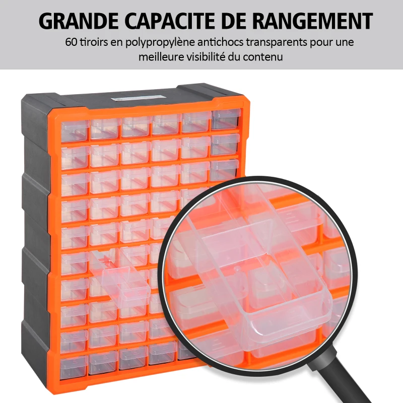 HOMCOM Casier de rangement module de rangement 38L x 16l x 48H cm 60 tiroirs transparents polypropylène orange transparent noir