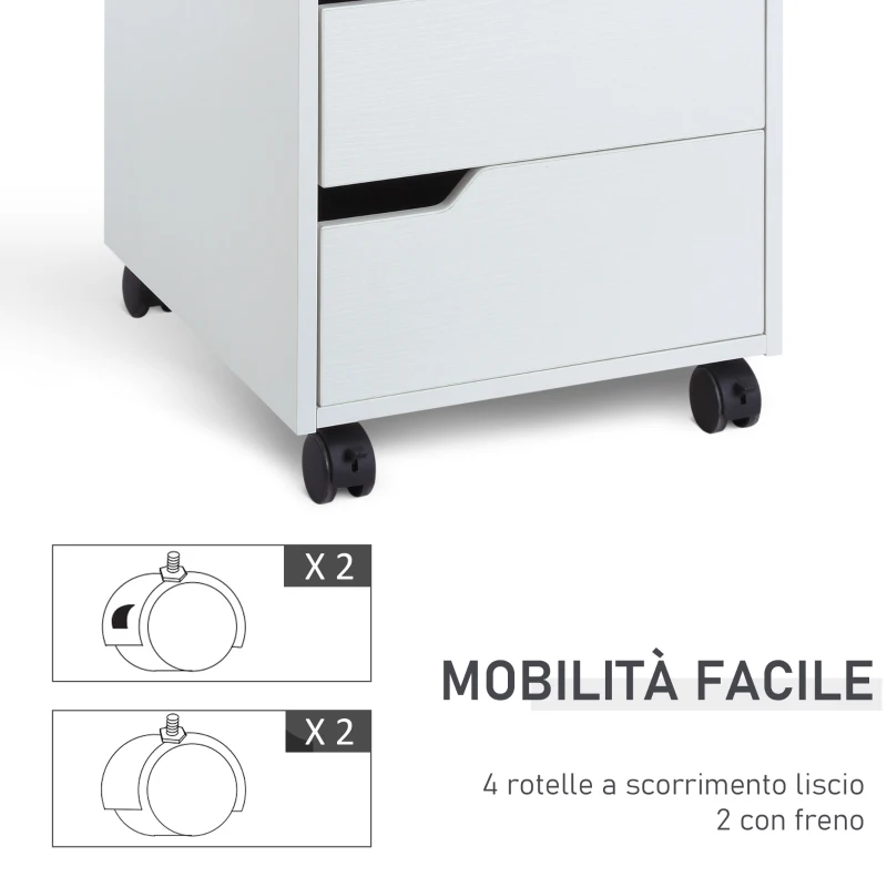HOMCOM Cassettiera da Ufficio a 3 Cassetti con Maniglie a Scomparsa, in Legno e Metallo, 40x50x57.5 cm, Bianco