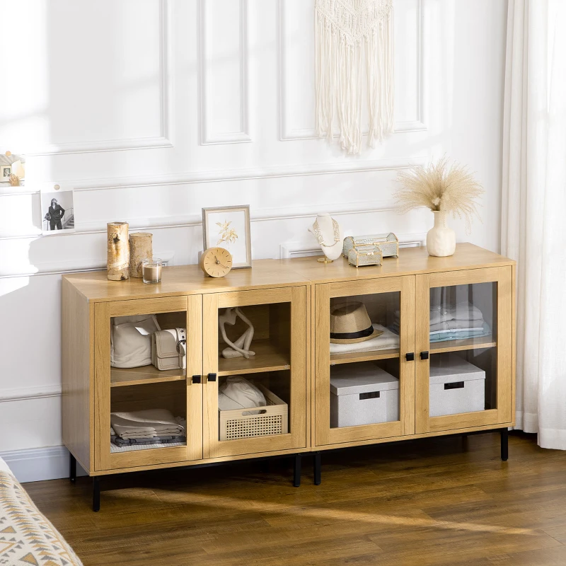 HOMCOM Buffet cuisine lot de 2 avec double portes vitrées et étagère ensemble ou séparément pieds métal 160 x 40 x 76 cm