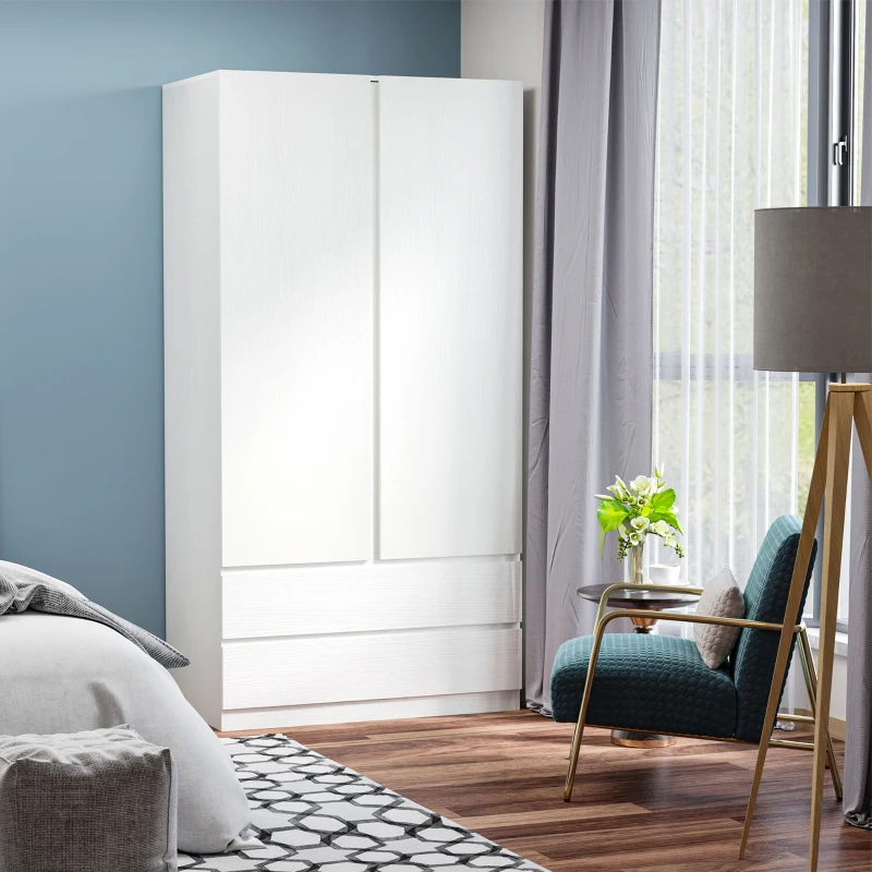 HOMCOM Armadio Guardaroba in Truciolato Bianco con Appendiabiti e 2 Cassetti Scorrevoli per Camere da Letto, 100x60x200 cm