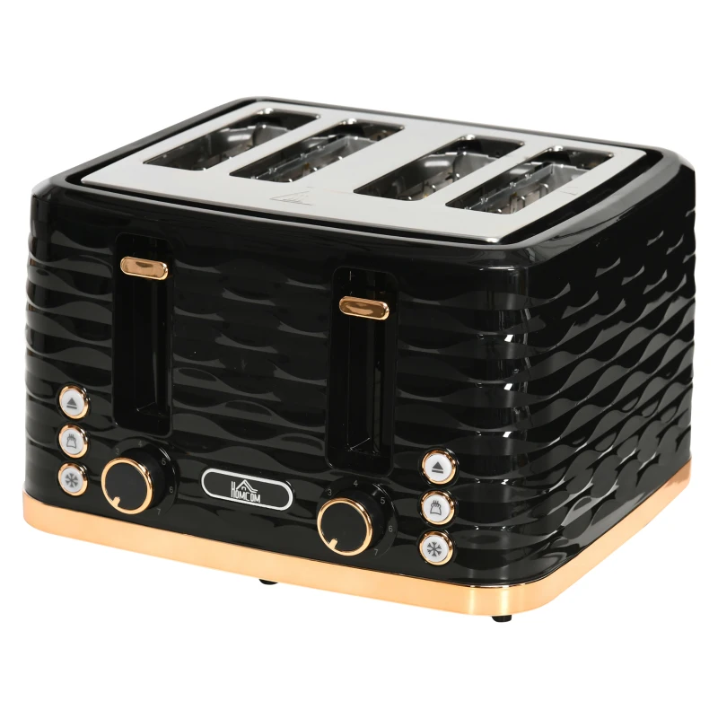 HOMCOM 4 Slice Toaster with 7 Browning Levels, High Lift, Reheat/Defrost/Cancel, Self-centring Function, Removable Crumb Tray, Auto Off, 1600W, Black Water Ripple Texture