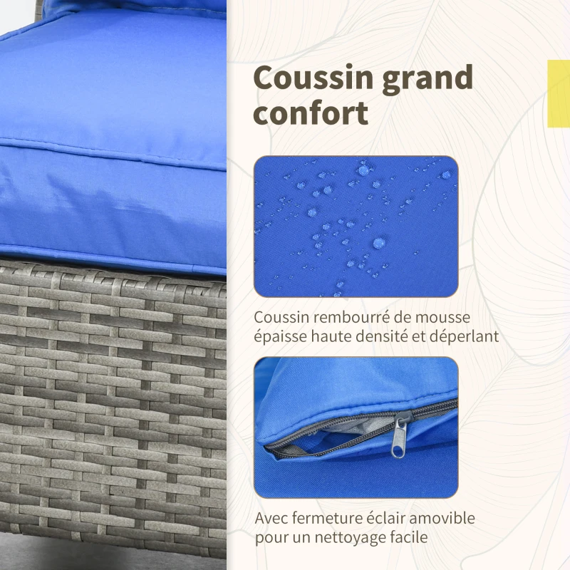 Outsunny Ensemble salon de jardin en résine tressée 3 pièces 2 fauteuils + table basse avec espace de rangement caché plateau ouvrable coussins fournis acier 50 x 40 x 54,5 cm gris et bleu