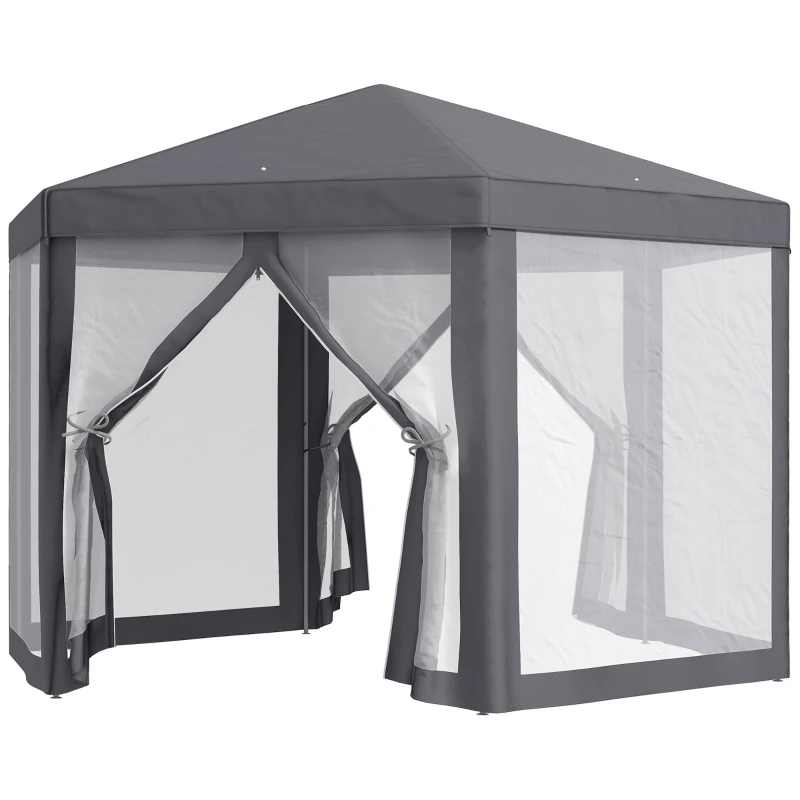 Outsunny 4M Hexagon Gazebo, Netting Party Tent, Patio Canopy Outdoor Event Shelter for Activities, Shade Resistant, Grey