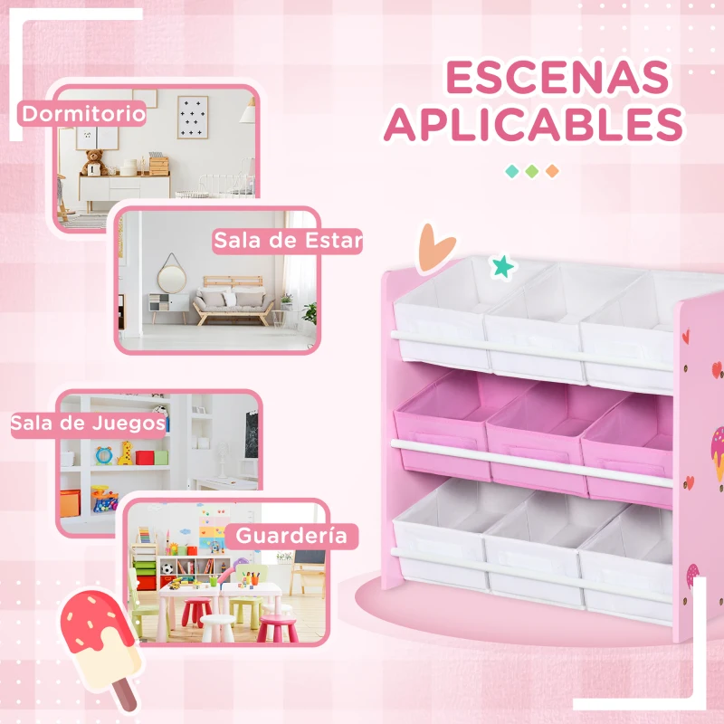 ZONEKIZ Organizador de Juguetes con 9 Cajas de Tela no Tejida Extraíbles para Dormitorio Guardería 63x30x60 cm Rosa