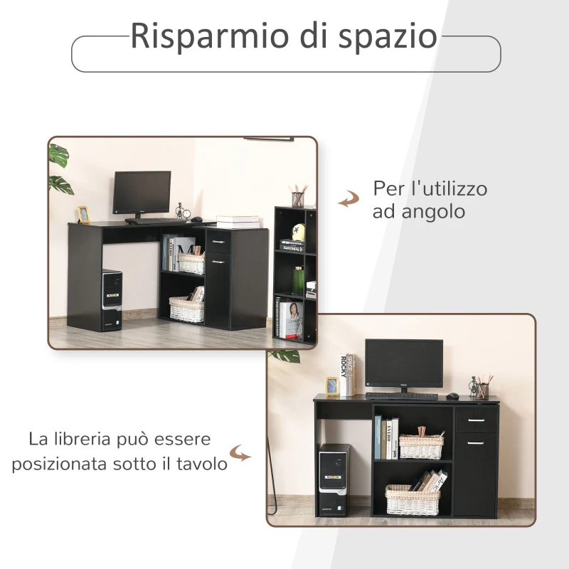 HOMCOM Scrivania Angolare per Studio e Ufficio con 2 Cassetti e 2 Ripiani, in Legno, 117x82x74 cm, Nero