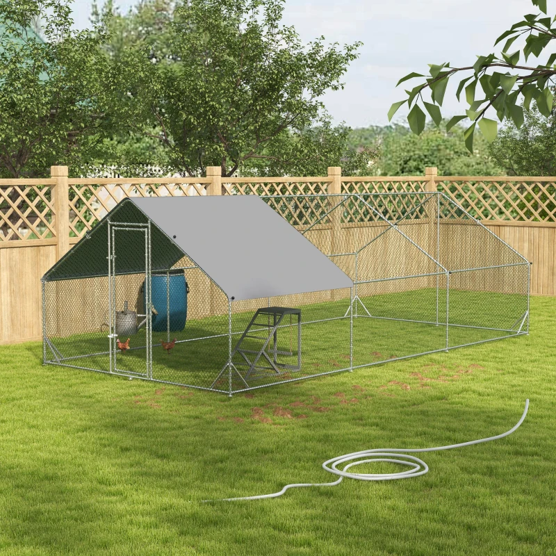 PawHut Walk-in Galvanised Steel Chicken Run with Chicken Activity Shelf and Cover, 3 x 6 x 2m