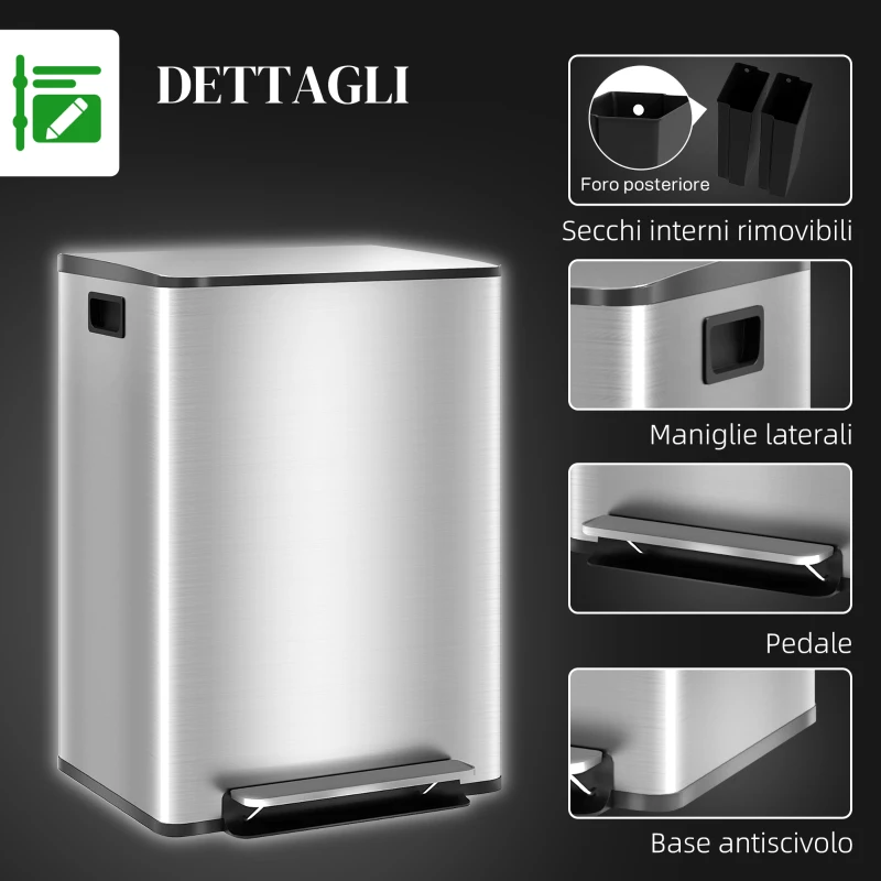 HOMCOM Bidone Immondizia a 2 Sezioni da 30L a Pedale con Coperchio Silenzioso, in Acciaio Inox e PP, 47.7x37.5x66.8 cm