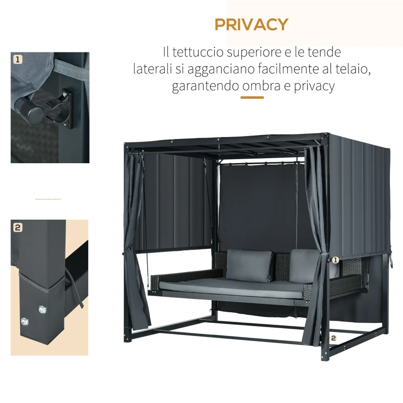 Outsunny Dondolo Letto e Pergola 3 in 1 con Tetto Regolabile e Tende, Acciaio e Rattan PE, 235x150x210cm, Grigio Scuro