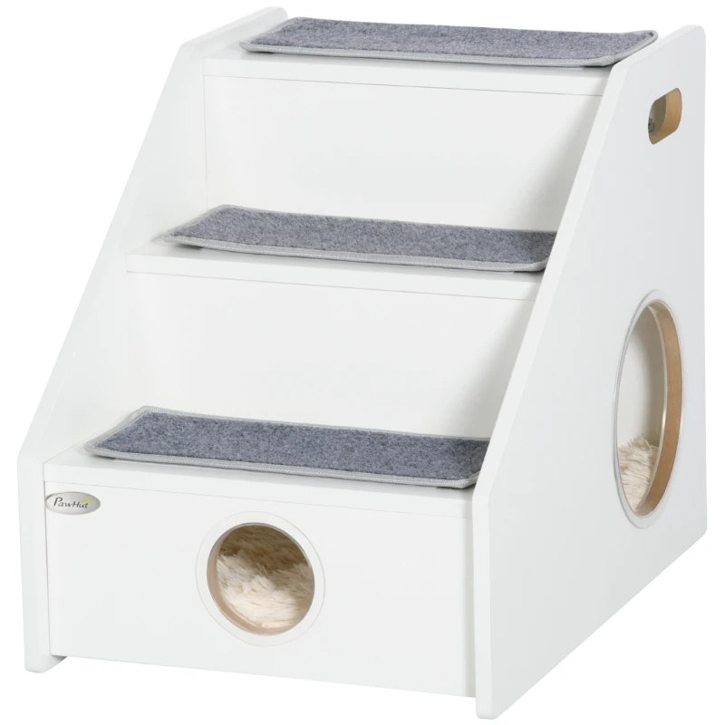 PawHut 2 in 1 Haustiertreppe Schlafhöhle 3-stufige Hunderampe Katzentreppe mit Kissen Hundetreppe Tiertreppe mit rutschfestem Teppich für kleine Hunde und Katzen Plüsch Weiß 60 x 43 x 51 cm