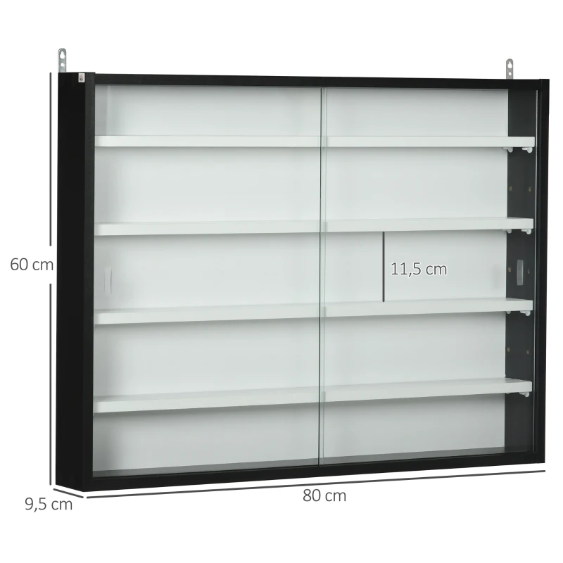 HOMCOM Vitrina Expositora Vitrina de Pared con Estantes Ajustables y 2 Puertas Correderas de Vidrio para Colecciones Perfumes Figuras de Decoración 80x9,5x60 cm Blanco y Negro