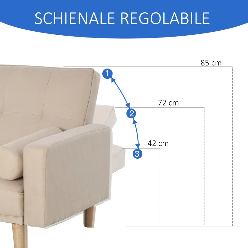 HOMCOM Divano Letto 3 Posti con Schienale Regolabile su 3 Livelli, 2 Cuscini e Braccioli Rimovibili, Beige, 185x84x85cm