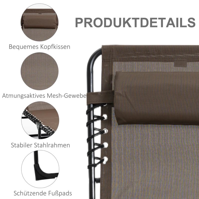 Outsunny Liegestuhl, Zusammenklappbare Liege mit Nackenkissen, Stahlrahmen, Netzstoffbezug, 120 kg Belastbarkeit, Braun