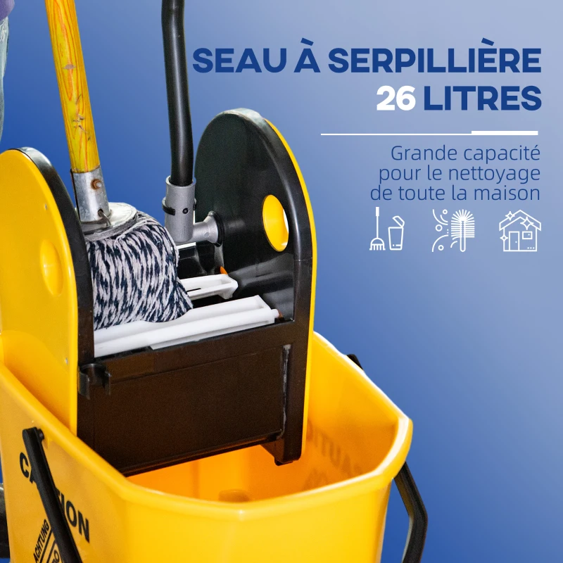HOMCOM Chariot d'entretien avec seau, Accessoire de ménage 26L avec essoreur, sur roulette, jaune 60L x 27l x 71H cm
