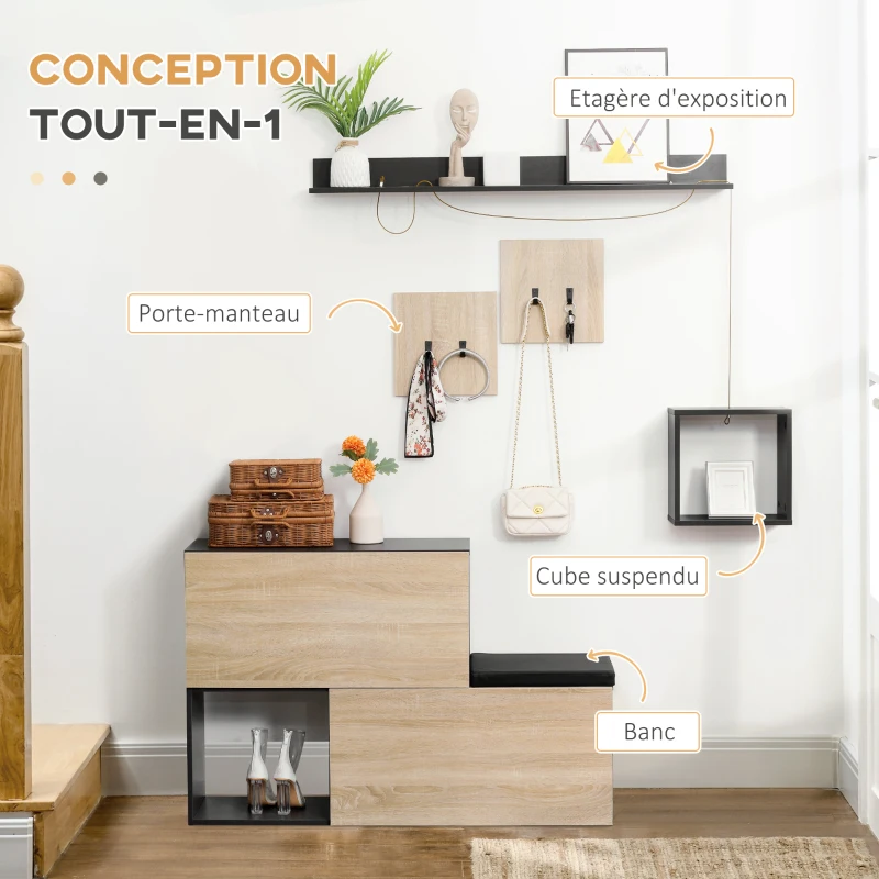 HOMCOM Ensemble de meuble d'entrée avec banc à chaussures, meuble à chaussures, 4 patères et étagère pour l'entrée, noir et naturel