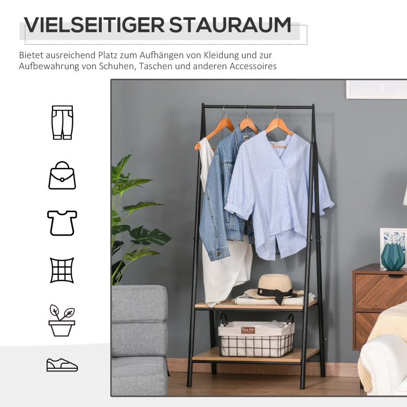 HOMCOM Gaderobenständer Kleiderständer Kleiderstange mit Schuhablage Wäscheständer Metall + Holz Schwarz + Natur 64 x 42,5 x 149 cm