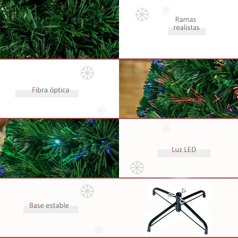 HOMCOM Árbol de Navidad de Fibra Óptica 120 cm Decoración Navideña con 16 LED de 3 Colores 130 Ramas Ø60x120 cm Verde