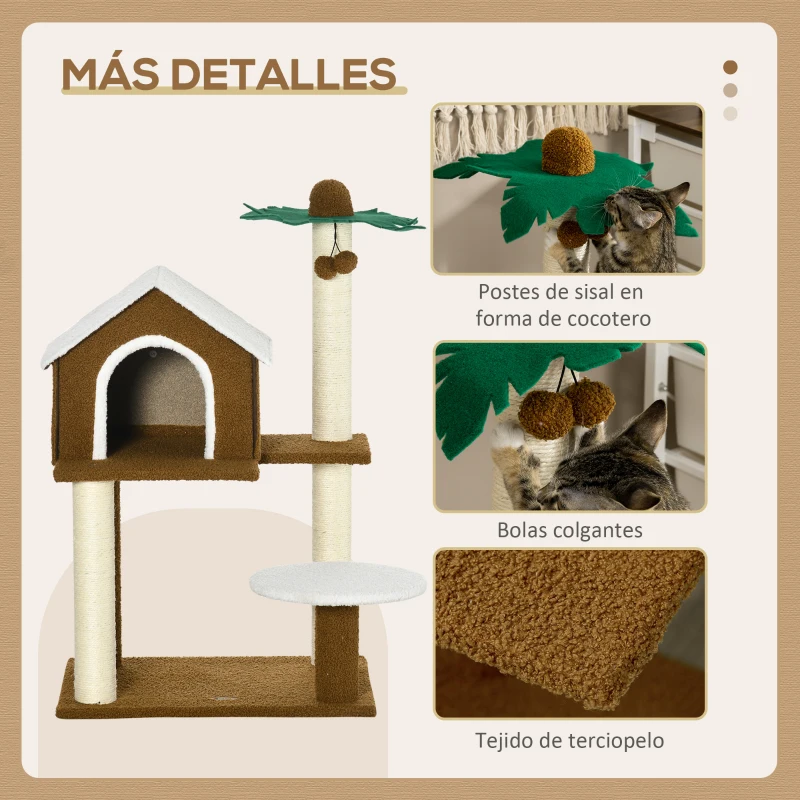 PawHut Árbol Rascador para Gatos con Caseta Plataformas Poste en Forma de Palmera y Bolas Colgantes 55x40x89 cm Marrón
