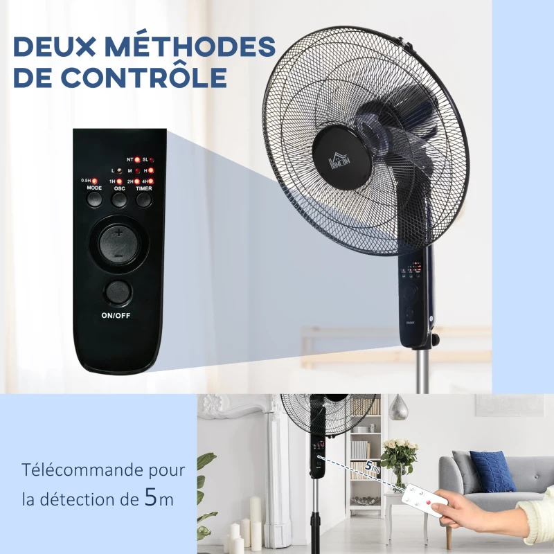 HOMCOM Ventilateur sur pied puissant 45 W réglable en hauteur 110-124 cm, télécommande, 3 vitesses, oscillation et minuterie