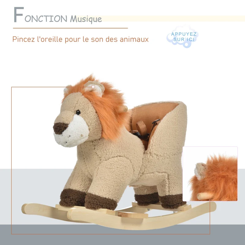 HOMCOM Cheval à Bascule modèle Lion Fonction Musicale Selle Grand Confort Peluche Courte Douce Pour Enfants 18-36 Mois Bois peuplier Marron dim. 68L x 35l x 50H cm