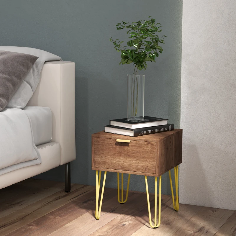 HOMCOM Table de chevet table de nuit avec tiroir table d'appoint en bois - pieds en épingle acier doré 39,5L x 41l x 49H cm
