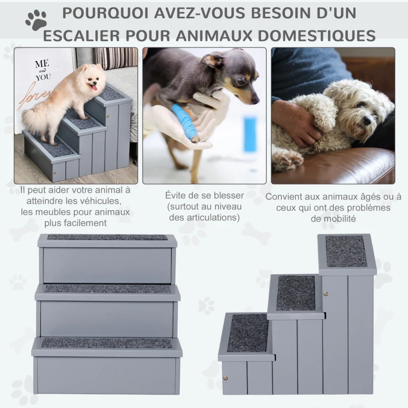 PawHut Escalier pour chien animaux rampe 3 marches revêtement tapis coffre interne rangement gris