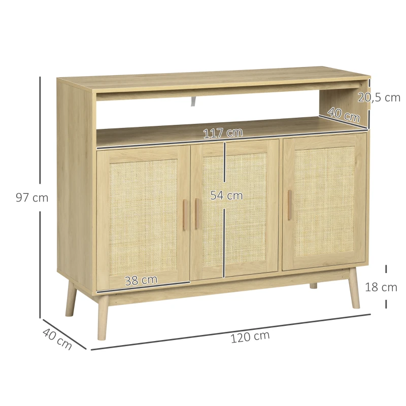 HOMCOM Aparador de Estilo Cannage Mueble Buffet Auxiliar con Puertas de Rejilla y Patas de Madera 120x40x97cm Natural