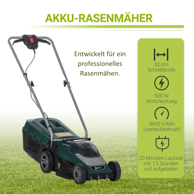 Durhand Akku-Rasenmäher mit 32 cm Schnittbreite 30-Liter-Grasfangkorb Höhenverstellung mit 2,5-Ah-Akku und Ladegerät 120 x 38 x 98 cm