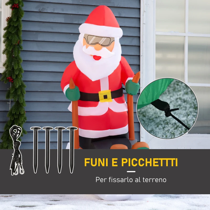 HOMCOM Babbo Natale Gonfiabile sugli Sci 124cm con 2 Luci LED e Gonfiatore, Decorazione Natalizia da Esterno
