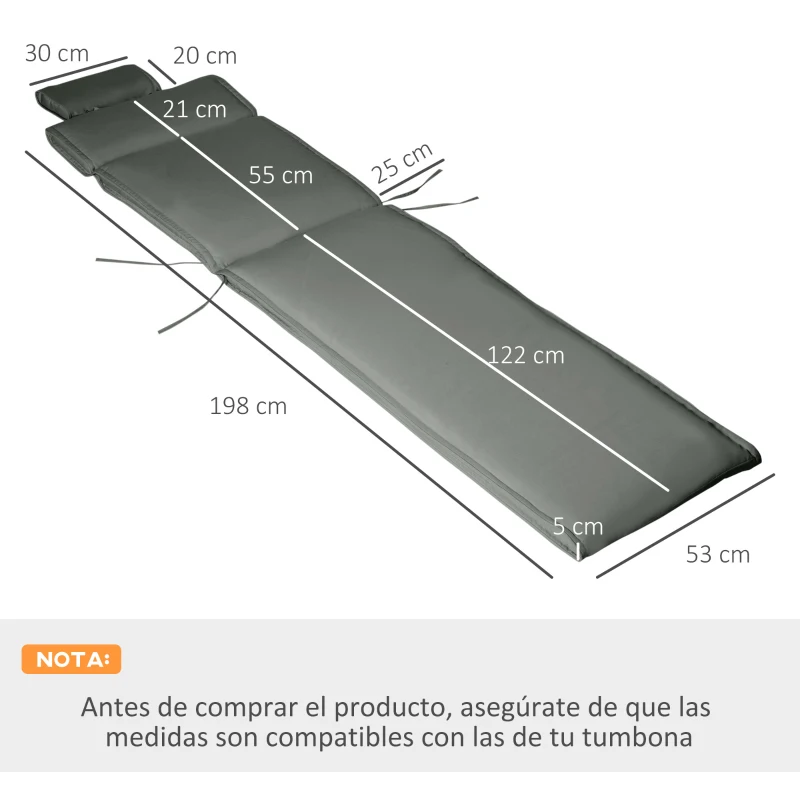 Outsunny Cojín para Tumbona de Exterior 198x53x5 cm Desenfundable y Lavable con Reposacabezas Extraíble Colchoneta Plegable de Algodón Cojín SOLO para Silla Reclinable de Jardín Gris