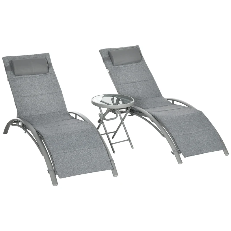 Outsunny Set 2 Lettini Prendisole Reclinabili su 4 Livelli e Tavolino Pieghevole, Grigio