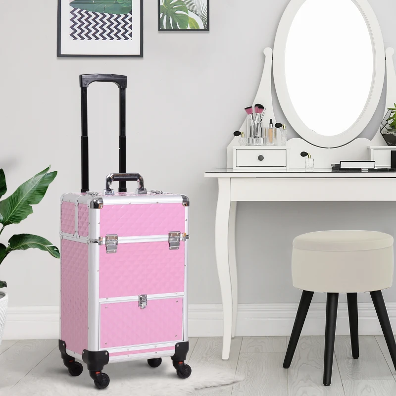 HOMCOM Valise trolley maquillage mallette cosmétique vanity poignée télescopique réglable 34L x 25l x 62H cm alu. rose