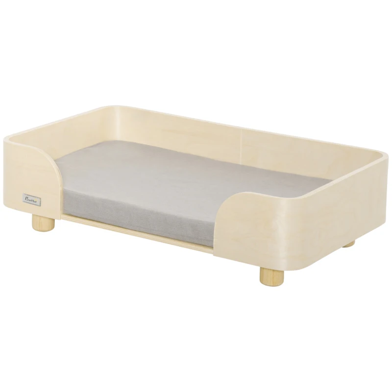 Pawhut Haustiersofa Hundematte Katzensofa Hundecouch Hundebett mit Kissen Indoor modernes Sofa für kleine und mittelgroße Hundesofa Kiefernholz Natur+Hellgrau 75,5 x 45,7 x 21 cm