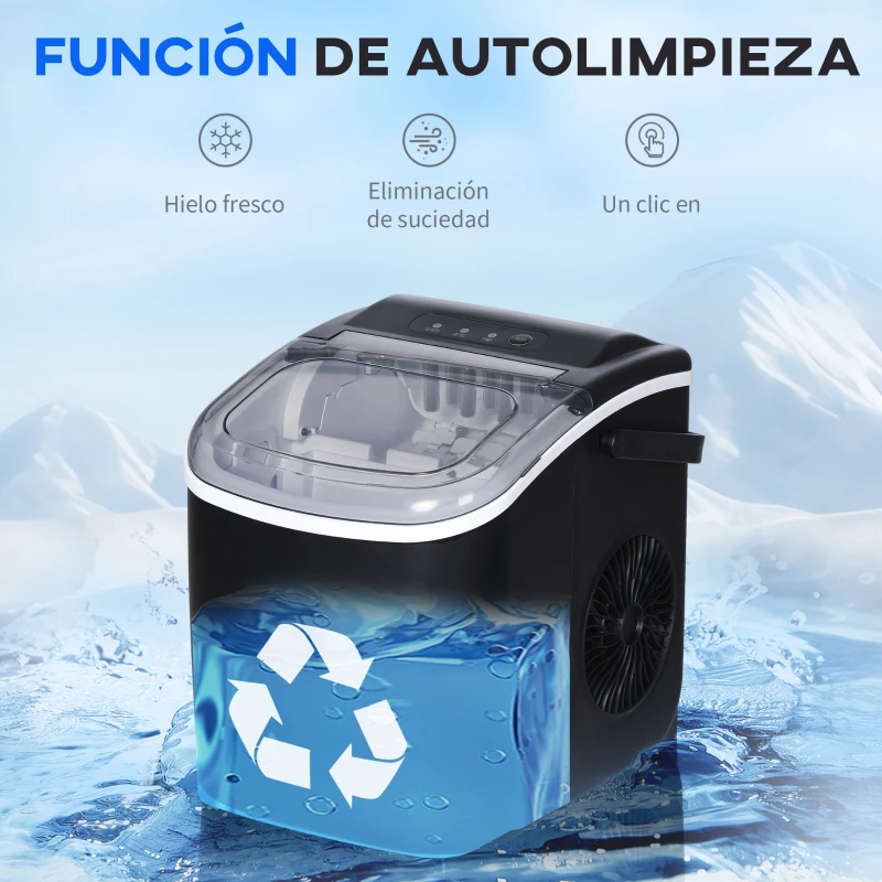 HOMCOM Máquina para Hacer Hielo 12 Kg en 24 Horas 9 Cubitos en 6-12 Minutos Depósito de Agua 1,3 L 22,2x29,4x29 cm Negro