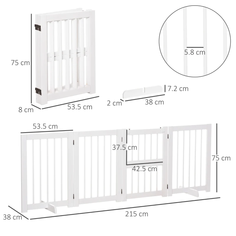 PawHut Cancellino per Cani, Recinto per Cani, Cancelletto di Sicurezza Pieghevole in Legno di Pino Bianco, 215x75cm