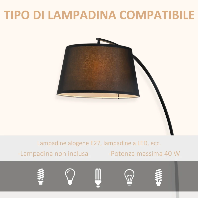 HOMCOM Lampada da Terra ad Arco con Paralume in Tessuto e Interruttore a Pedale, Ø47x105x190cm, Nera