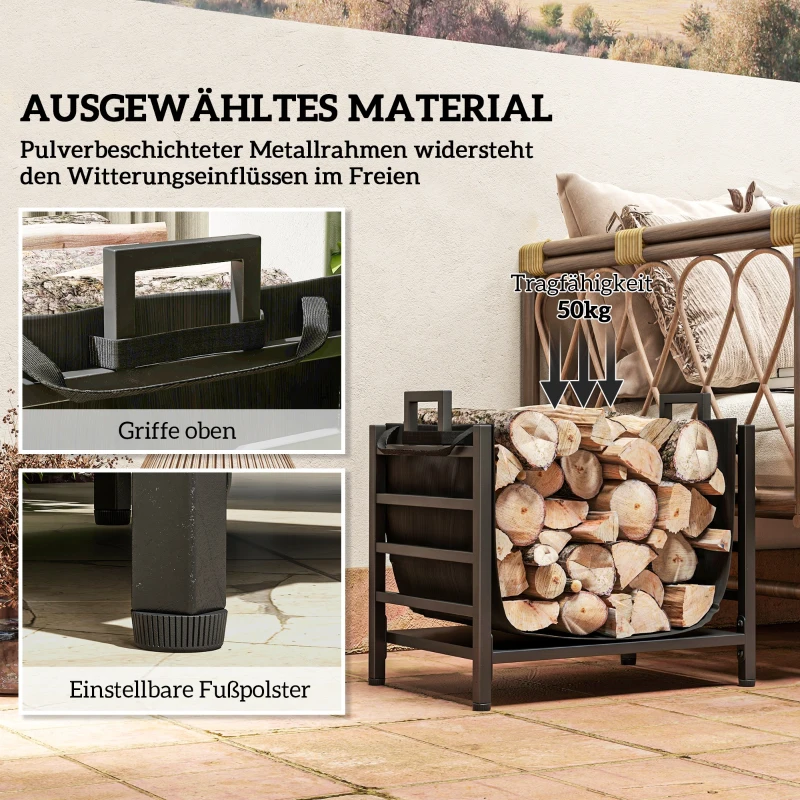 Outsunny Feuerholzgestell, kompakt, bis 50 kg Holz, abnehmbarer Tragebeutel, 49x34x44 cm, Schwarz