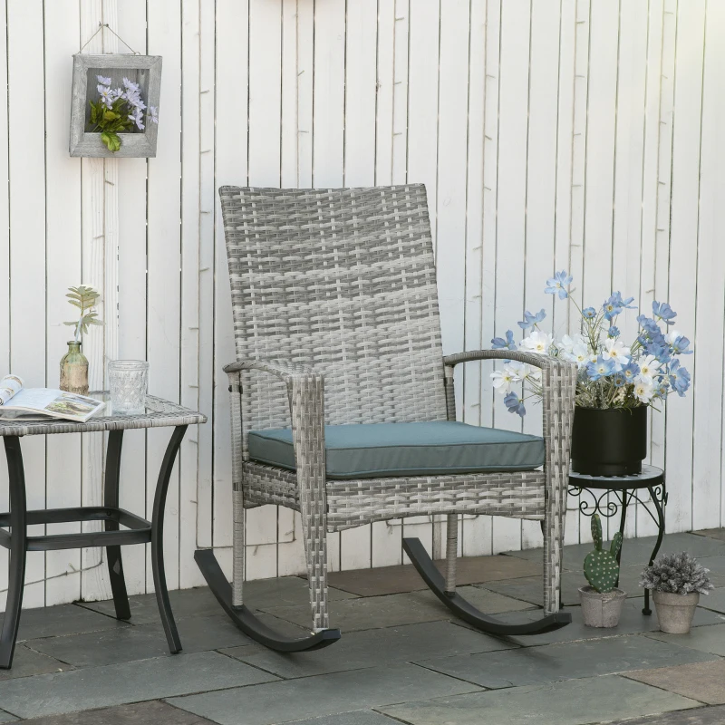 Outsunny Schaukelstuhl Schwingsessel Gartenstuhl mit Kissen, Polyrattan+Metall, Grau, 66 x 88 x 98 cm