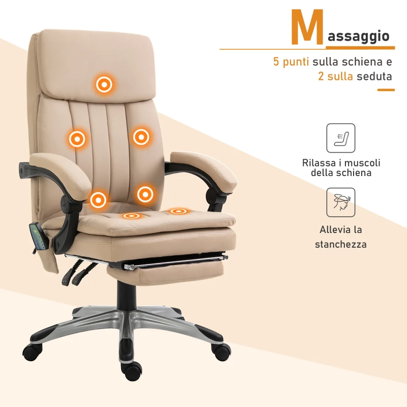 Vinsetto Poltrona Massaggiante da Ufficio, Altezza Regolabile e Reclinabile in Pelle PU, 67x69x106.5-114.5cm Beige