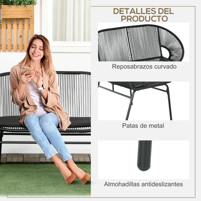 Outsunny Banco Acapulco con Reposabrazos Cojines y Marco de Acero Carga 260 kg para Balcón Terraza Patio 132x72x83 cm Negro