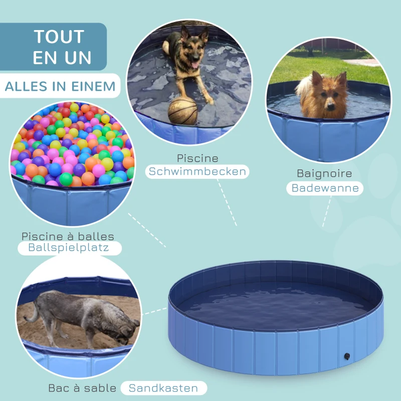 PawHut Hundebadewanne faltbar Badewanne Hundepool Plantschbecken Swimmingpool Wasserbecken für Hunde und Katzen Schwimmbecken Kunststoff+Holz Blau Ø120 x H30 cm