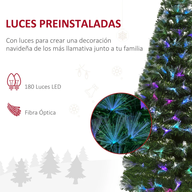 HOMCOM Árbol de Navidad 150cm Artificial Árboles con 180 Luces LED multicolor y Estrella Decorativa Brillante Árbol con Soporte Fibra Óptica