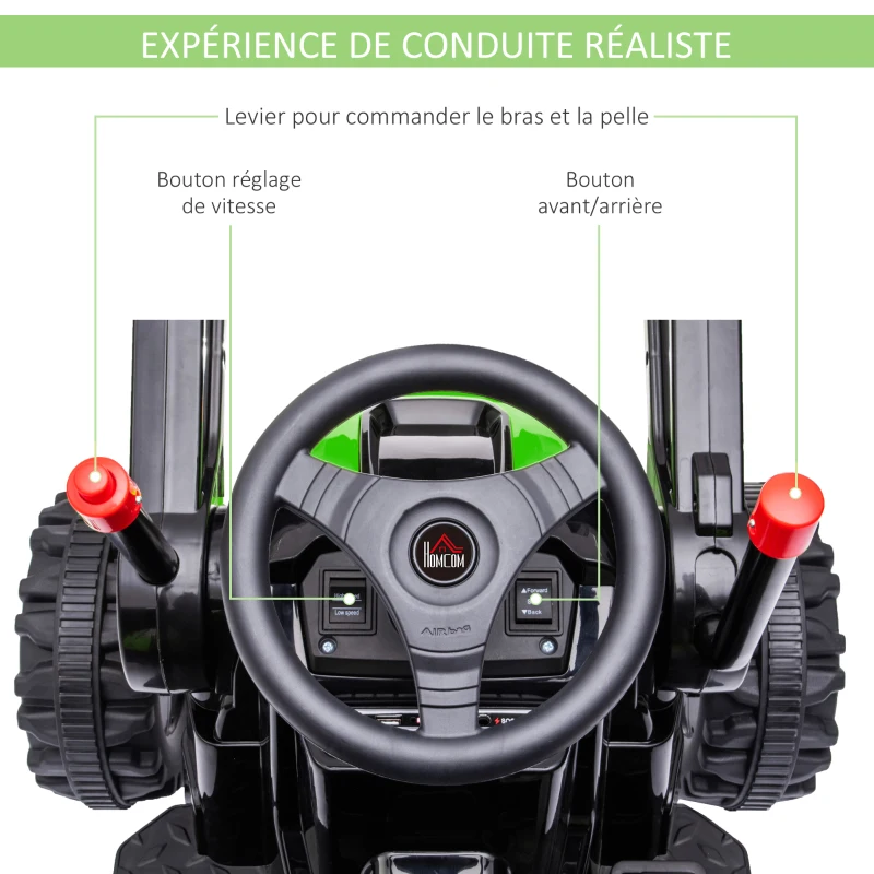 HOMCOM Tracteur électrique Enfant - tractopelle Enfants 6V - V. Max. 2,5 Km/h - Effets Lumineux sonores - Pelle Manuelle - métal PP Noir Vert