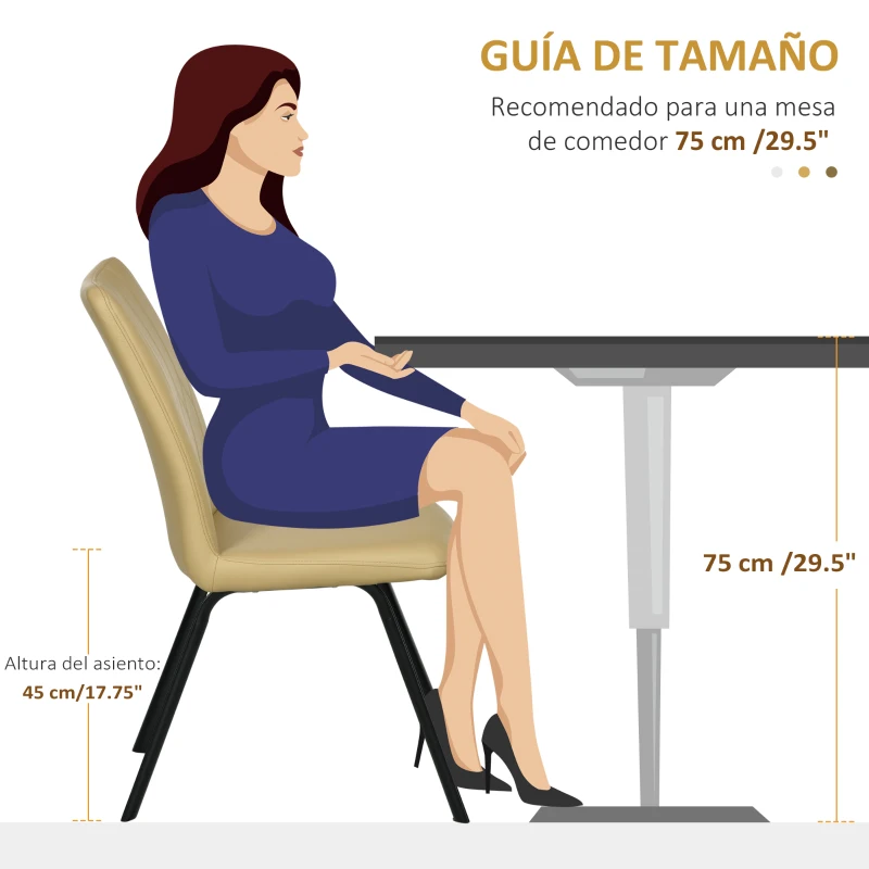 HOMCOM Pack de 2 Sillas de Comedor Modernas Sillas de Cocina de Cuero PU con Respaldo Acolchado Patas de Acero 42x62x87cm Caqui