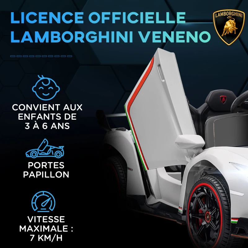 HOMCOM Voiture électrique licence Lamborghini Veneno 12V pour enfants avec portes papillon télécommande musique blanc