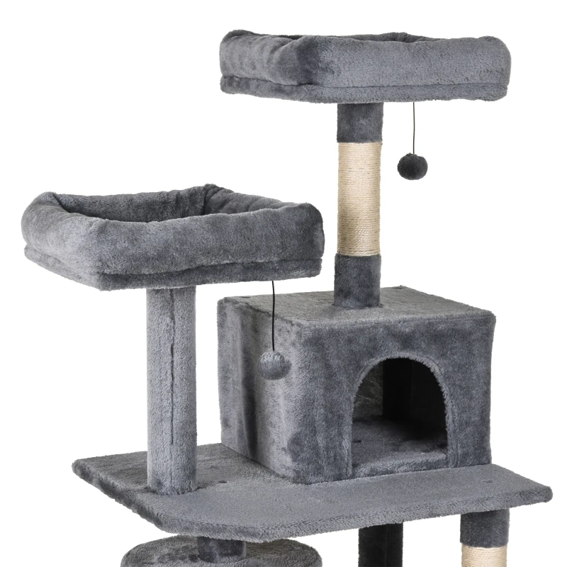 PawHut Arbre à chats multi-équipements griffoirs grattoirs plateformes niches hamac paniers jouets suspendus dim. 60L x 50l x 145H cm gris foncé