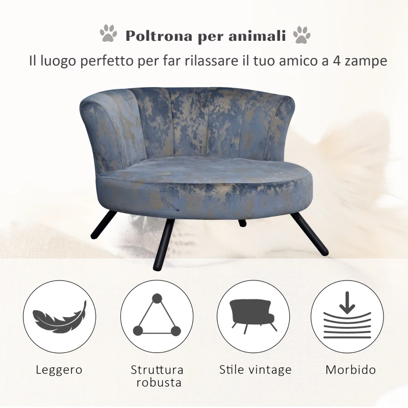 PawHut Divano per Cani di Piccola Taglia e Gatti con Rivestimento in Velluto Blu e Oro