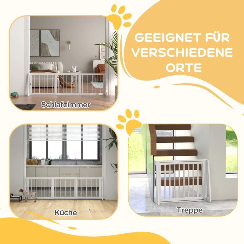 PawHut Hunde-Absperrgitter, rutschfest, freistehend, ausziehbar, Holzrahmen, 71-190x38,5x56cm, Weiß