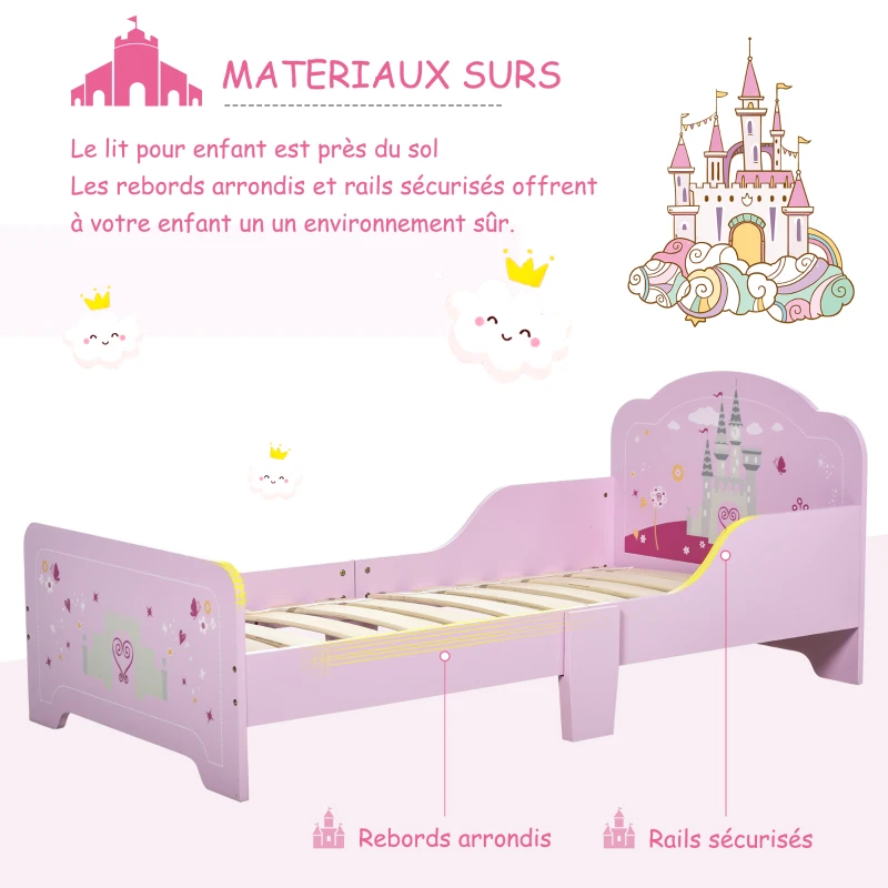 HOMCOM Lit Enfant - lit d'enfant Design Princesse Motif château - sommier à Lattes Inclus - MDF Contre-plaqué Rose