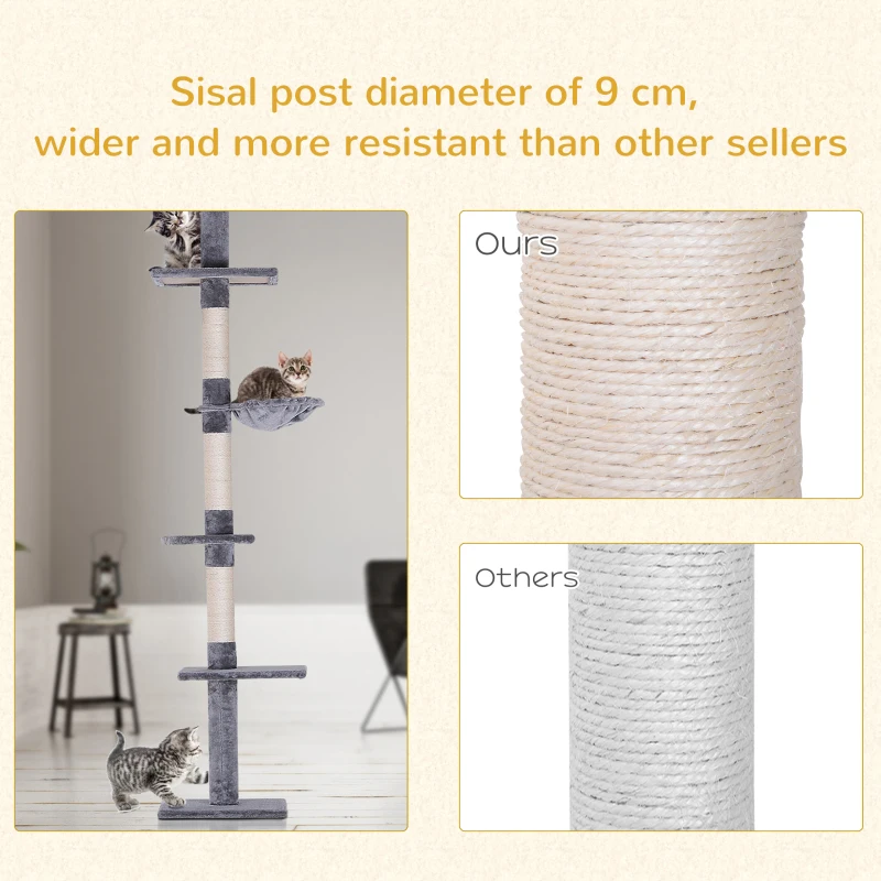 PawHut Floor to Ceiling Cat Tree Height Adjustable 230-260cm, 5-Tier Cat Tower with Scratching Post, Hammock, Perches, Climbing Activity Centre for Indoor Kittens, Grey